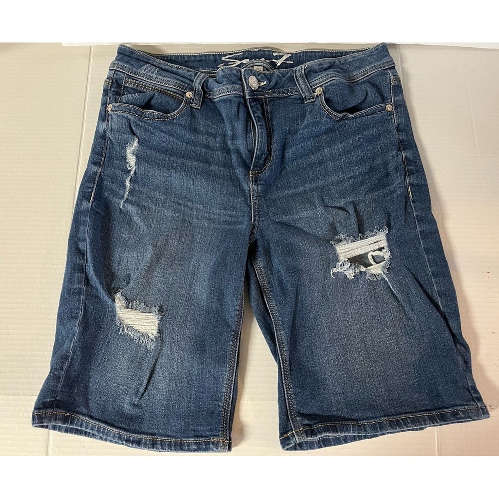 Seven7‎ Bermuda Shorts Women 14 Blue Distressed Denim Dark Wash Mid Rise